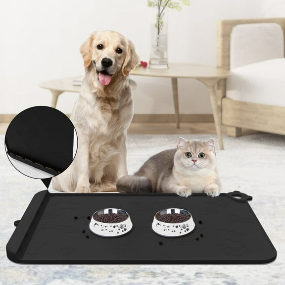 KOGYAS Dog Food Mat, Pet Placemat for Food and Water - 18" x 12" Pet Food Mats with Residue Collection Pocket - Waterproof Dog Cat Bowl Mat with High Edges to Prevent Water Food Spills (Black)