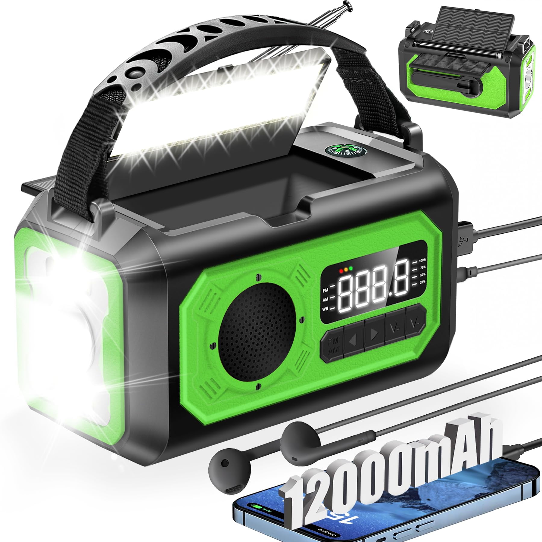KOGYAS Emergency Radio,12000mAh AM/FM/NOAA Weather Radio,Portable Hand Crank Radio,Multi-Function Solar Radio,2 Solar Panels,USB Type-C Charging,Torch & LED Reading Lamp,SOS Alarm,Compass(Green)