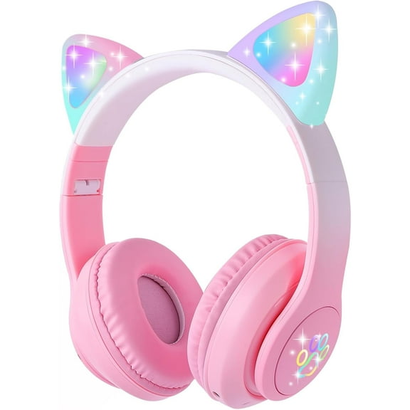 KOGYAS Kids Headphones, Bluetooth Wireless Headphones for Kids Teens Adults, over-ear Bluetooth Headphones with Microphone, Cat Ear Headphones for Girls Women, New Pink
