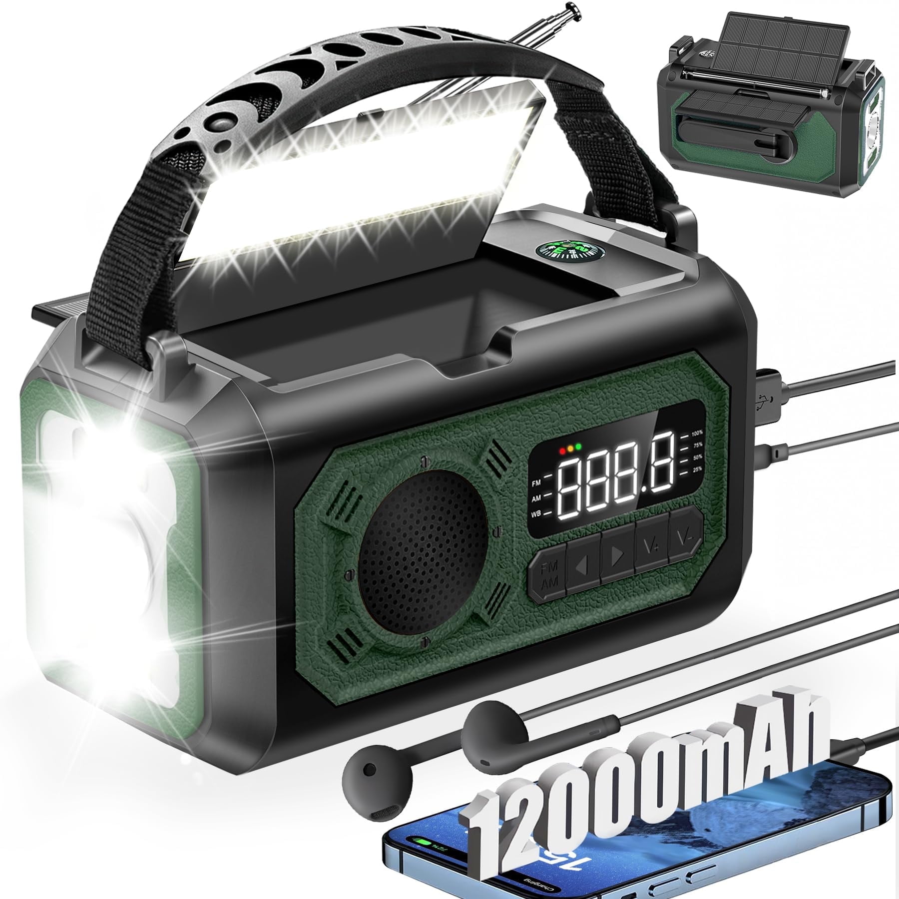 KOGYAS 12000mAh Emergency Radio,AM/FM/NOAA Weather Radio,Portable Hand Crank Radio,Multi-Function Solar Radio,2 Solar Panels,USB Type-C Charging,Torch & LED Reading Lamp,SOS Alarm,Compass(Army Green)