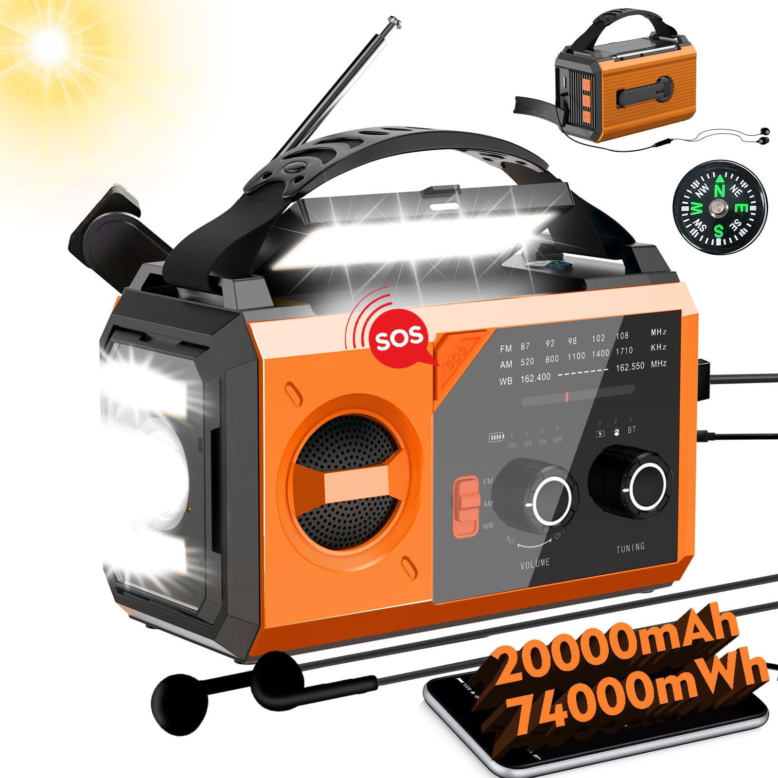 Radio De Survie Dynamo 20000mAh - AM/FM/SW, Power Bank, Lampe Torche, SOS, Solaire Et Manivelle | Orange