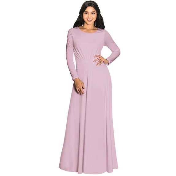KOH KOH Long Sleeve Modest Fall Winter Elegant Evening Flowy Empire Waist Full Floor Length Cocktail Formal Tall Pleated Maxi Dress Gown Abaya For Women Dusty Pastel Pink Medium US 8-10 NT009