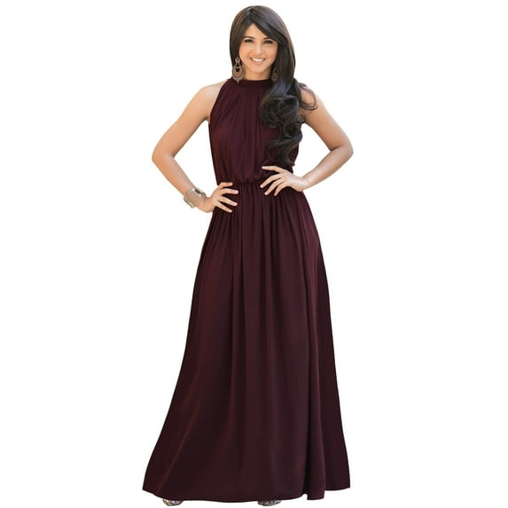 KOH KOH Long Sleeveless Bridesmaid Wedding Party Guest Summer Flowy Casual Brides Formal Evening Sexy Halter Neck Maxi Dress Gown For Women Maroon Wine Red Small US 4-6 NT012