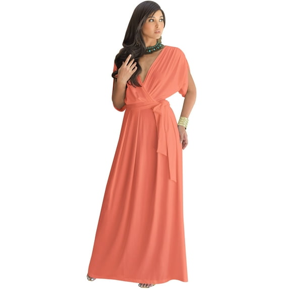 KOH KOH Long Bridesmaid Formal Short Sleeve V-Neck Full Floor Length Flowy Cocktail Summer Evening Wedding Guest Party Tall Maxi Dress Gown For Women Coral Pink Peach X-Small US 2-4 NT026