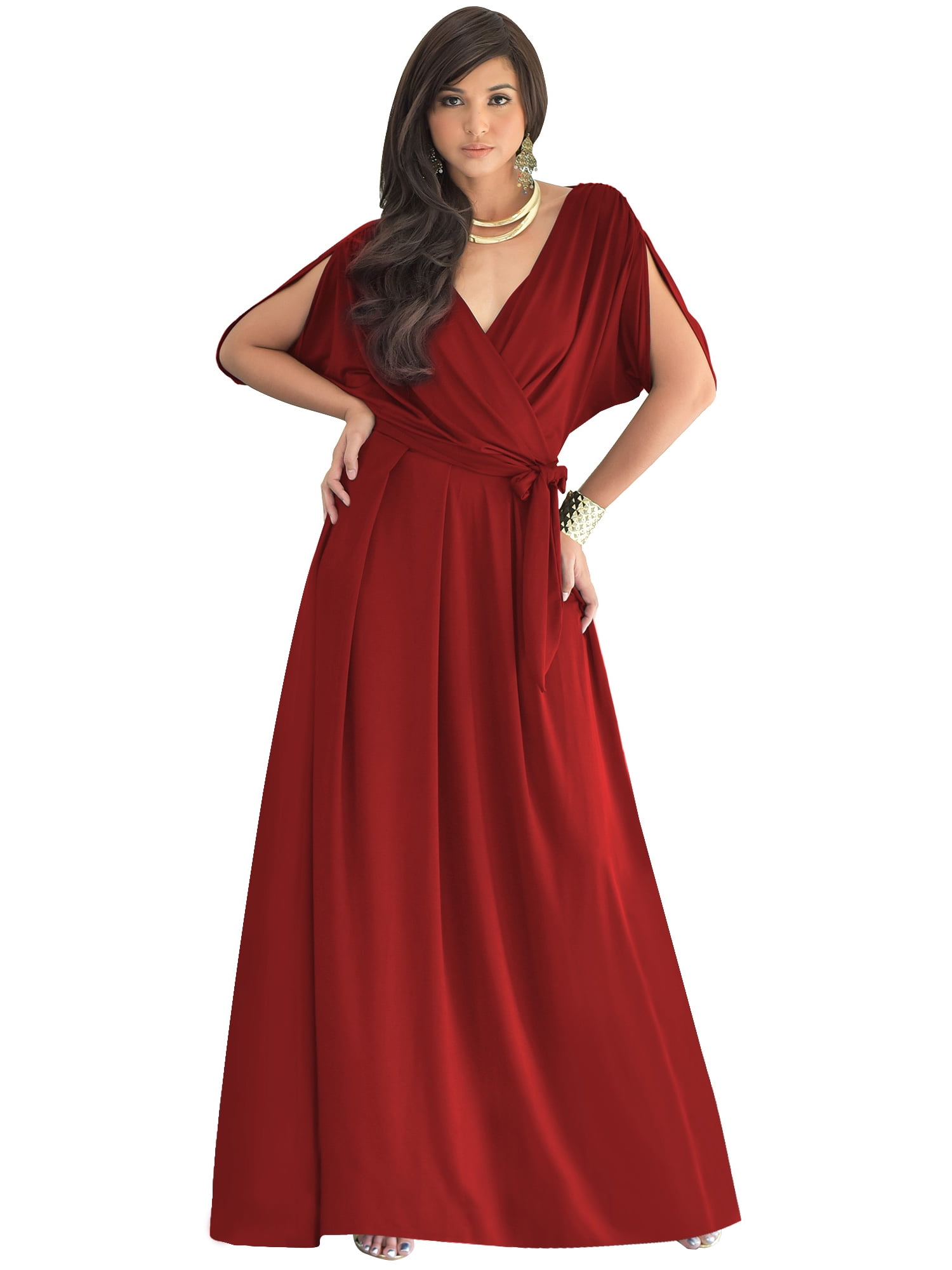 KOH KOH Long Bridesmaid Formal Short Sleeve V-Neck Full Floor