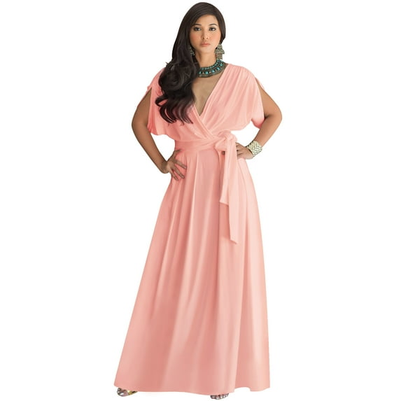 KOH KOH Long Bridesmaid Formal Short Sleeve V-Neck Full Floor Length Flowy Cocktail Summer Evening Wedding Guest Party Tall Maxi Dress Gown For Women Light Pink Peach Large US 12-14 NT026