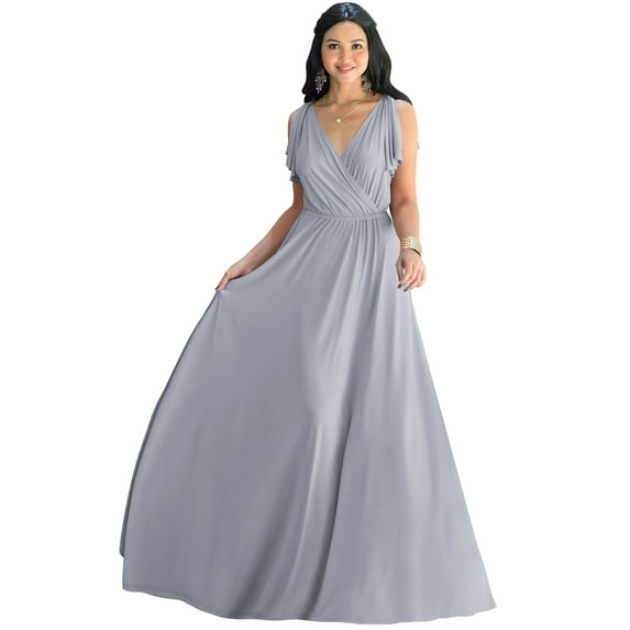 KOH KOH Long Bridesmaid Wedding Guest Sleeveless V-Neck Full Floor Length Flowy Sexy Wrap Formal Evening Cocktail Party Tall Maxi Dress Gown For Women Light Gray Ash Grey XX-Large US 18-20 NT333