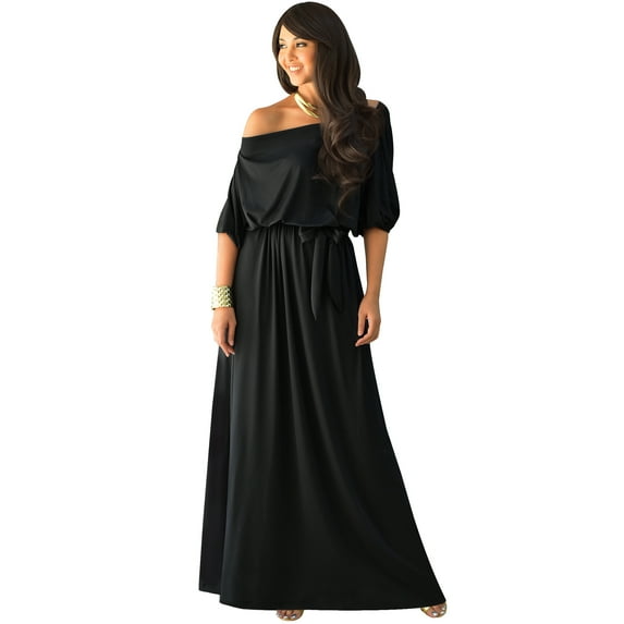 KOH KOH Long One Off Shoulder Flowy Casual 3/4 Short Sleeve Full Floor Length Cocktail Evening Wedding Party Guest Sexy Tall Maxi Dress Gown For Women Black X-Large US 14-16 NT001