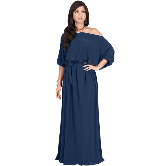 KOH KOH Long One Off Shoulder Flowy Casual 3/4 Short Sleeve Full Floor Length Cocktail Evening Wedding Party Guest Sexy Tall Maxi Dress Gown For Women Dark Azure Blue X-Large US 14-16 NT001