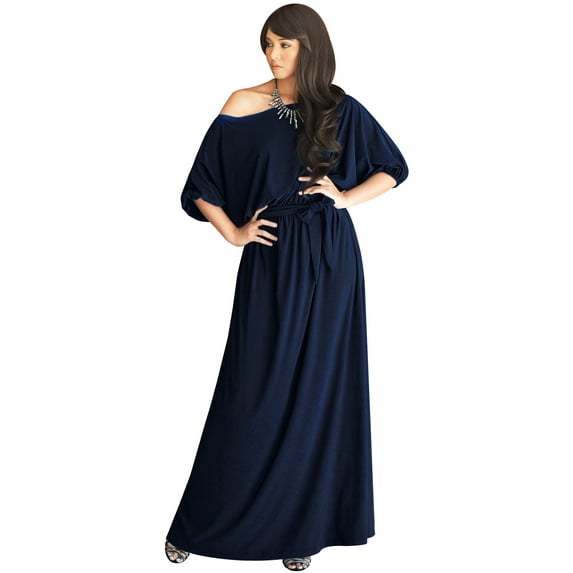 KOH KOH Long One Off Shoulder Flowy Casual 3/4 Short Sleeve Full Floor Length Cocktail Evening Wedding Party Guest Sexy Tall Maxi Dress Gown For Women Dark Navy Blue XXXX-Large US 26-28 NT001
