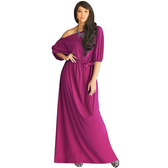 KOH KOH Long One Off Shoulder Flowy Casual 3/4 Short Sleeve Full Floor Length Cocktail Evening Wedding Party Guest Sexy Tall Maxi Dress Gown For Women Fuchsia Magenta Pink Large US 12-14 NT001
