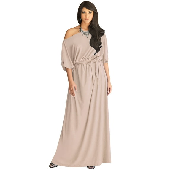 KOH KOH Long One Off Shoulder Flowy Casual 3/4 Short Sleeve Full Floor Length Cocktail Evening Wedding Party Guest Sexy Tall Maxi Dress Gown For Women Nude Champagne Brown XX-Large US 18-20 NT001