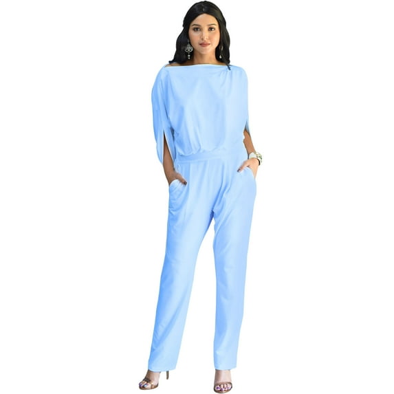 KOH KOH Long Pants Formal Cocktail Evening One Piece Fall Pockets Dressy Jumpsuit Romper Suit Casual Outfit Playsuit Tall 3/4 Short Sleeve For Women Baby Light Blue X-Large US 14-16 NT118