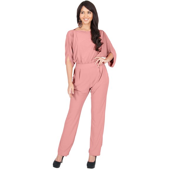 KOH KOH Long Pants Formal Cocktail Evening One Piece Fall Pockets Dressy Jumpsuit Romper Suit Casual Outfit Playsuit Tall 3/4 Short Sleeve For Women Cinnamon Rose Pink Medium US 8-10 NT118
