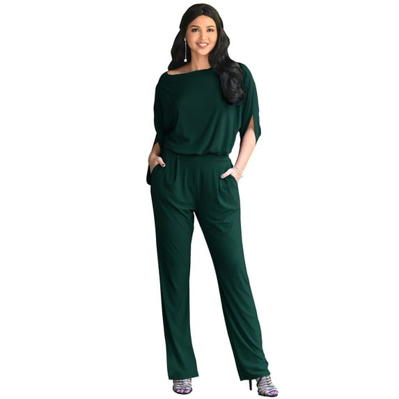 KOH KOH Long Pants Formal Cocktail Evening One Piece Fall Pockets Dressy Jumpsuit Romper Suit Casual Outfit Playsuit Tall 3/4 Short Sleeve For Women Emerald Green X-Large US 14-16 NT118