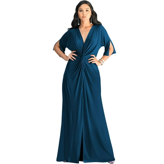 KOH KOH Long Sexy V-Neck Short Sleeve Slit Flowy Cocktail Evening Bridesmaid Wedding Guest Party Summer Tall Dressy Maxi Dress Gown For Women Blue Teal Small US 4-6 NT290