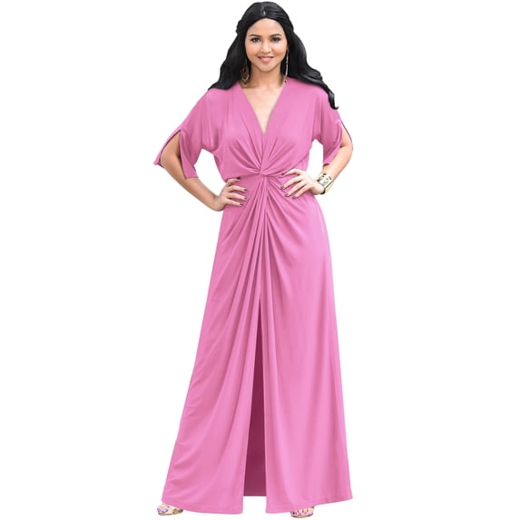 KOH KOH Long Sexy V-Neck Short Sleeve Slit Flowy Cocktail Evening Bridesmaid Wedding Guest Party Summer Tall Dressy Maxi Dress Gown For Women Hot Fuchsia Pink XXX-Large US 22-24 NT290