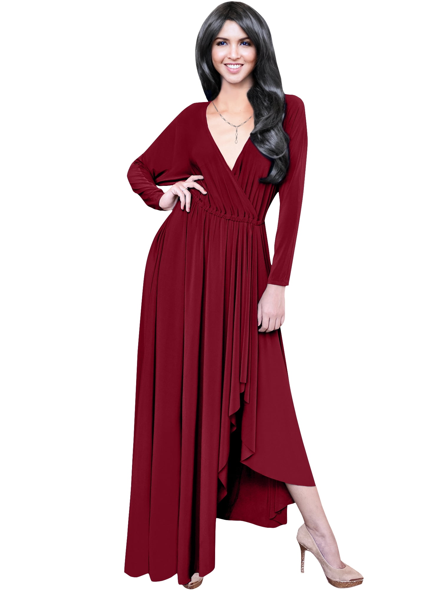 KOH KOH Women's Long Sleeve Floral Maxi Dress - V-Neck, Crossover Wrap Style With High Slit (Plus Size Available)