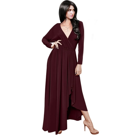 KOH KOH Long Sleeve Asymmetric Slit Fall Winter Evening Flowy Empire Waist Full Floor Length Cocktail Formal V-Neck Tall Maxi Dress Gown For Women Maroon Wine Red X-Large US 14-16 NT060