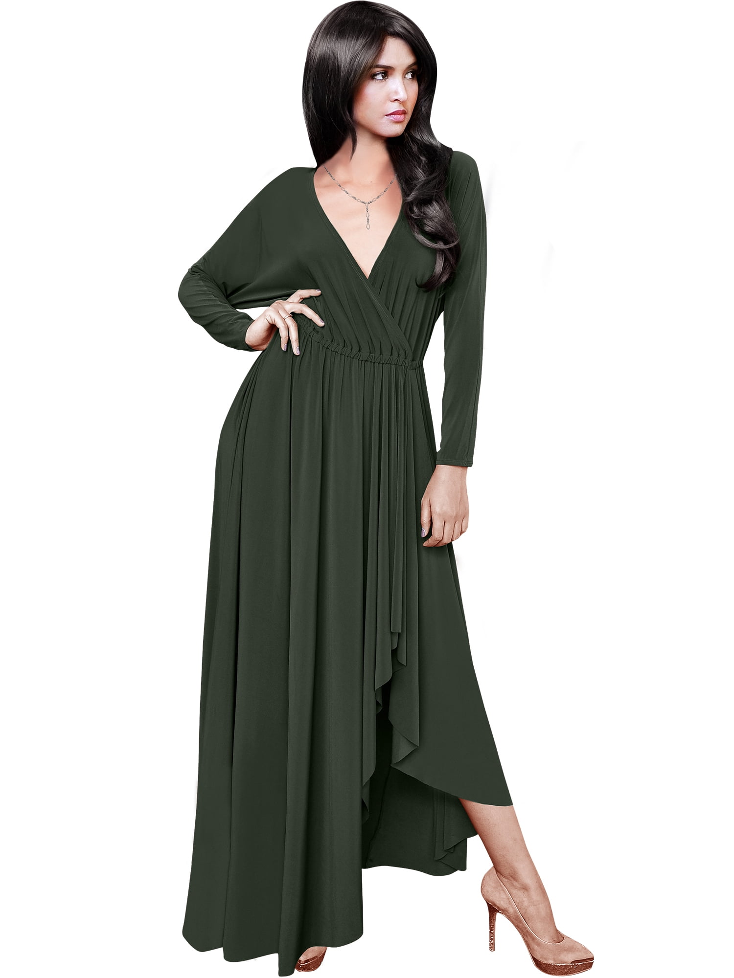KOH KOH Long Sleeve Asymmetric Slit Fall Winter Evening Flowy Empire Waist Full Floor Length Cocktail Formal V-Neck Tall Maxi Dress Gown For Women Olive Green X-Large US 14-16 NT060 - Walmart.com KOH KOH Long Sleeve Asymmetric Slit Fall Winter Evening Flowy Empire Waist Full Floor Length Cocktail Formal V-Neck Tall Maxi Dress Gown For Women Olive Green X-Large US 14-16 NT060 - Walmart.com