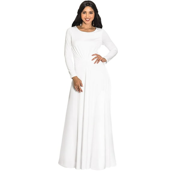 KOH KOH Long Sleeve Modest Fall Winter Elegant Evening Flowy Empire Waist Full Floor Length Cocktail Formal Tall Pleated Maxi Dress Gown Abaya For Women Ivory White Large US 12-14 NT009