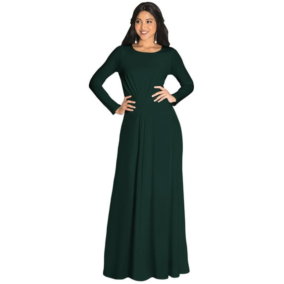 KOH KOH Long Sleeve Modest Fall Winter Elegant Evening Flowy Empire Waist Full Floor Length Cocktail Formal Tall Pleated Maxi Dress Gown Abaya For Women Emerald Green Medium US 8-10 NT009