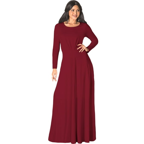 KOH KOH Long Sleeve Modest Fall Winter Elegant Evening Flowy Empire Waist Full Floor Length Cocktail Formal Tall Pleated Maxi Dress Gown Abaya For Women Crimson Dark Red Medium US 8-10 NT009