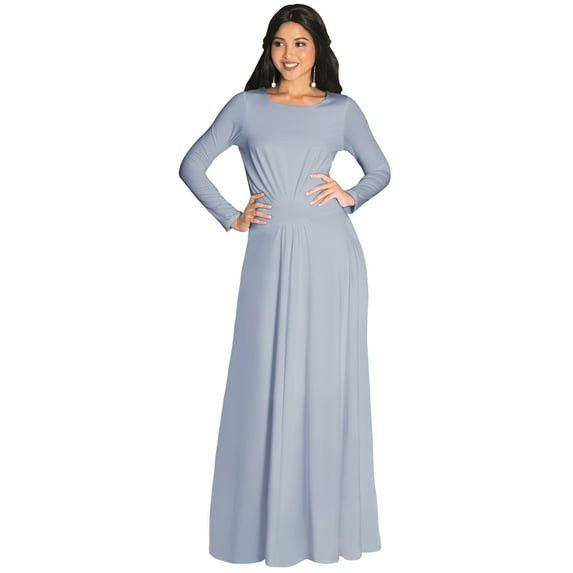 KOH KOH Long Sleeve Modest Fall Winter Elegant Evening Flowy Empire Waist Full Floor Length Cocktail Formal Tall Pleated Maxi Dress Gown Abaya For Women Gray Grey X-Large US 14-16 NT009