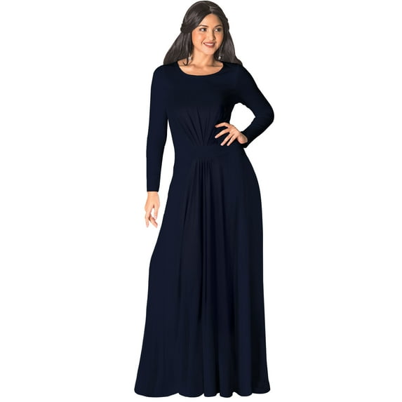 KOH KOH Long Sleeve Modest Fall Winter Elegant Evening Flowy Empire Waist Full Floor Length Cocktail Formal Tall Pleated Maxi Dress Gown Abaya For Women Dark Navy Blue Medium US 8-10 NT009
