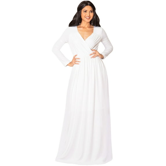 KOH KOH Long Sleeve Modest Fall Winter Evening Flowy Empire Waist Full Floor Length Cocktail Formal Tall Maxi Dress For Women Gown Abaya Ivory White Medium US 8-10 GMD001