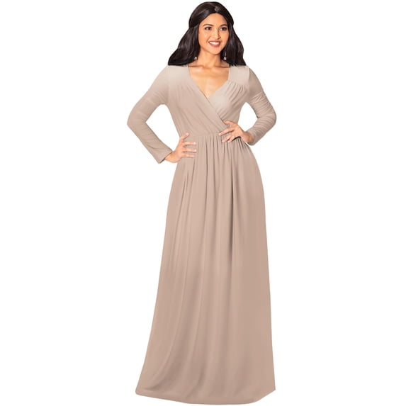 KOH KOH Long Sleeve Modest Fall Winter Evening Flowy Empire Waist Full Floor Length Cocktail Formal Tall Maxi Dress For Women Gown Abaya Nude Champagne Brown Medium US 8-10 GMD001