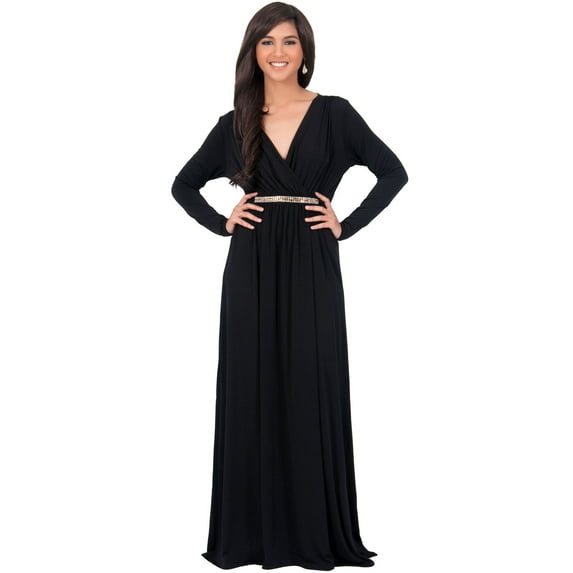 KOH KOH Long Sleeve Modest Fall Winter Evening Flowy Empire Waist Full Floor Length Cocktail Formal Tall Maxi Dress Gown Abaya Kaftan Caftan For Women Black XX-Large US 18-20 NT120