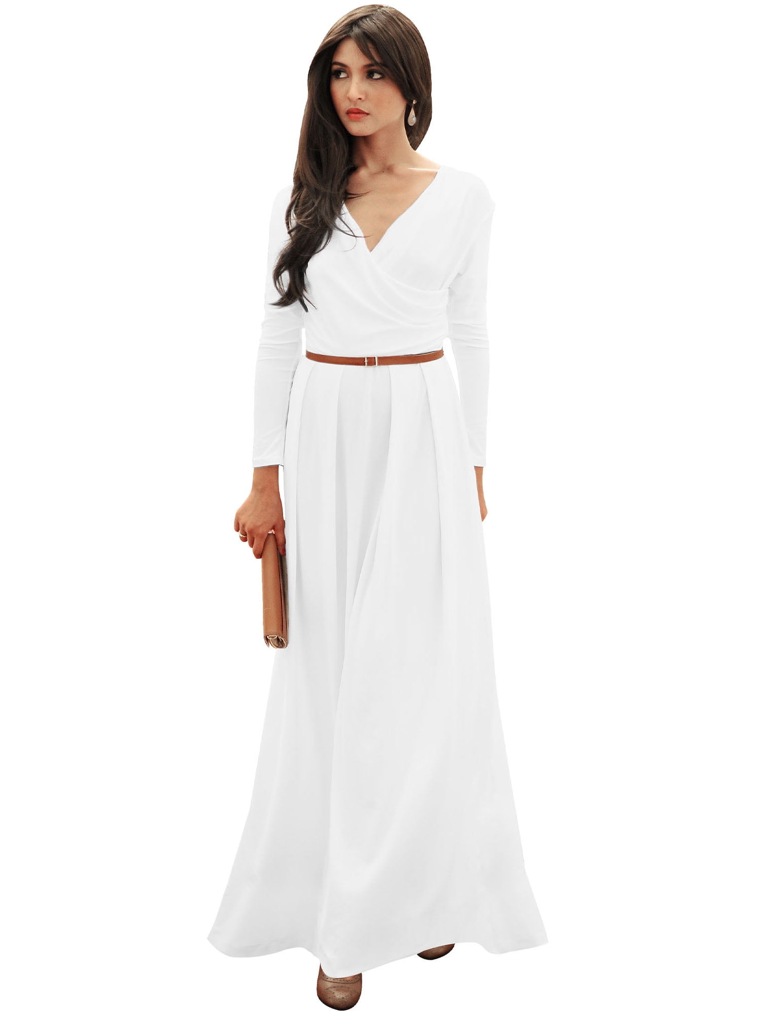 KOH KOH Long Sleeve Modest Fall Winter Evening Flowy Empire Waist Full  Floor Length Cocktail Formal V-Neck Tall Maxi Dress Gown Abaya For Women  Ivory ...