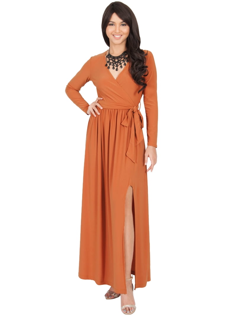 KOH KOH Long Sleeve V-Neck Bridesmaid Wedding Guest Party Winter Fall Formal  Evening Tall Sexy Slit Full Floor Length Gown Maxi Dress For Women Fire  Brick Orange XXX-Large US 22-24 NT176 -