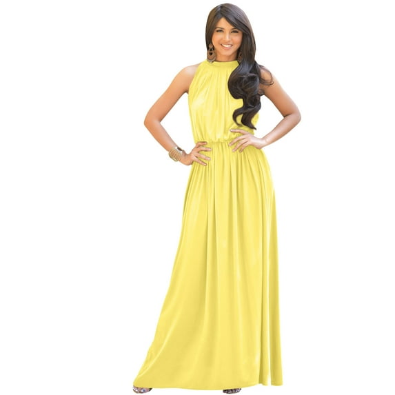 KOH KOH Long Sleeveless Bridesmaid Wedding Party Guest Summer Flowy Casual Brides Formal Evening Sexy Halter Neck Maxi Dress Gown For Women Daffodil Yellow Large US 12-14 NT012