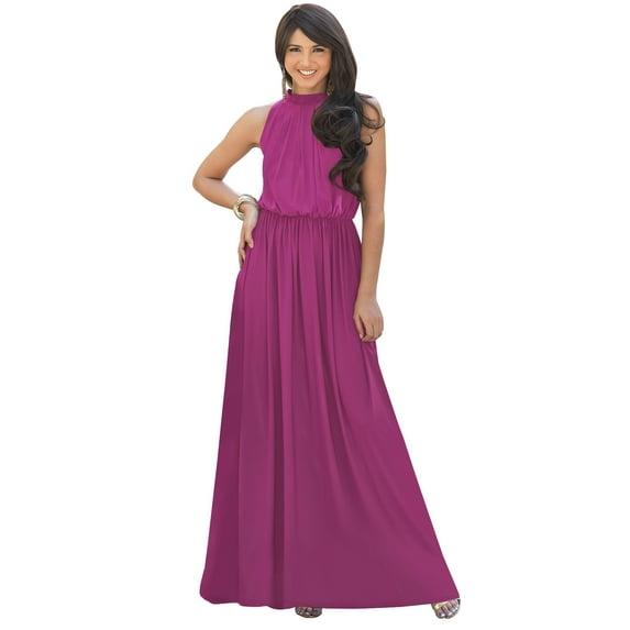 KOH KOH Long Sleeveless Bridesmaid Wedding Party Guest Summer Flowy Casual Brides Formal Evening Sexy Halter Neck Maxi Dress Gown For Women Fuchsia Magenta Pink Large US 12-14 NT012