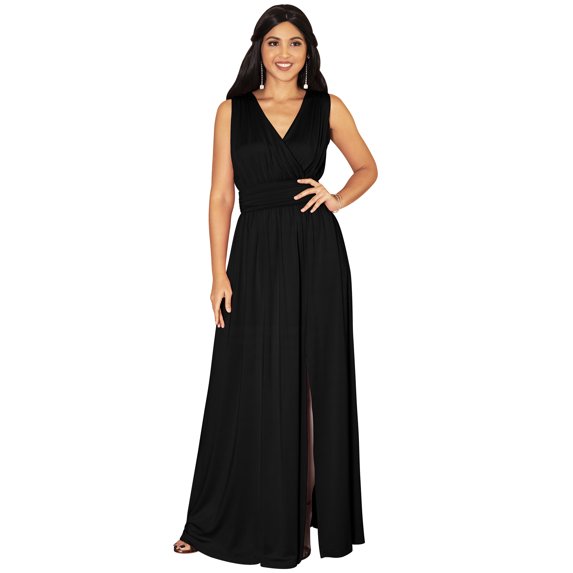 KOH KOH Long Sleeveless Wedding Guest Party Bridesmaid Evening Formal Dressy Cocktail Summer Bridal V-Neck Tall Flowy Slit Maxi Dress Gown For Women Black X-Large US 14-16 NT304