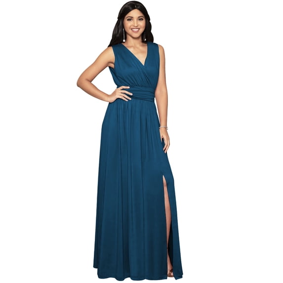 KOH KOH Long Sleeveless Wedding Guest Party Bridesmaid Evening Formal Dressy Cocktail Summer Bridal V-Neck Tall Flowy Slit Maxi Dress Gown For Women Blue Teal XXX-Large US 22-24 NT304