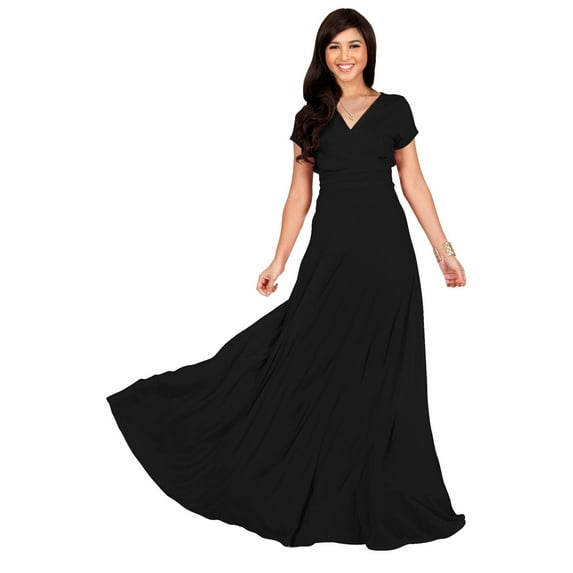 KOH KOH Long V-Neck Flowy Cap Short Sleeve V-Neck Bridesmaid Wedding Guest Party Formal Summer Sundress Tall Gown Maxi Dress Dresses For Women Black Medium US 8-10 NT074