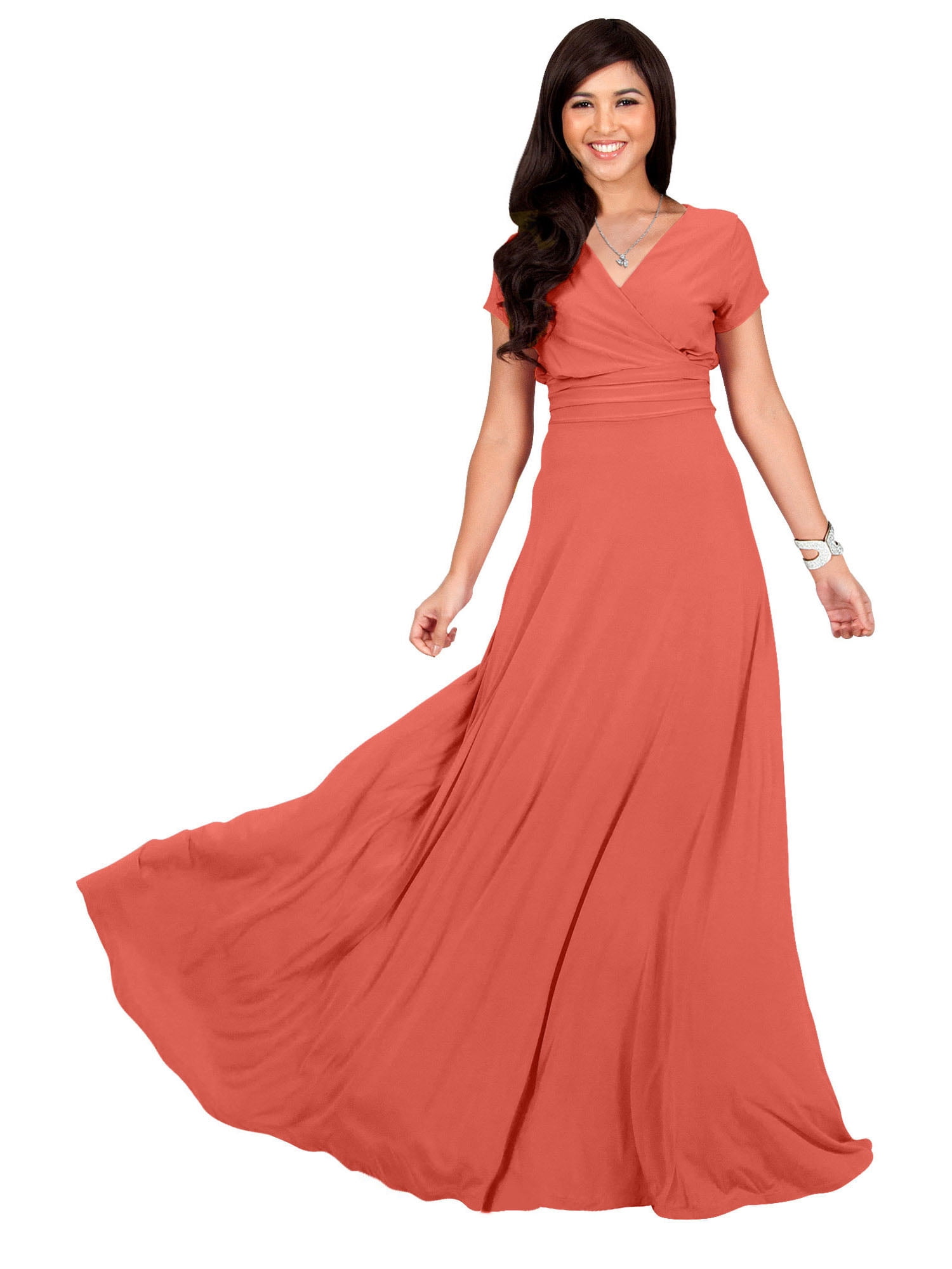 KOH KOH Long V-Neck Flowy Cap Short Sleeve V-Neck Bridesmaid Wedding Guest  Party Formal Summer Sundress Tall Gown Maxi Dress Dresses For Women Coral  Pink Peach X-Small US 2-4 NT074 - Walmart.com