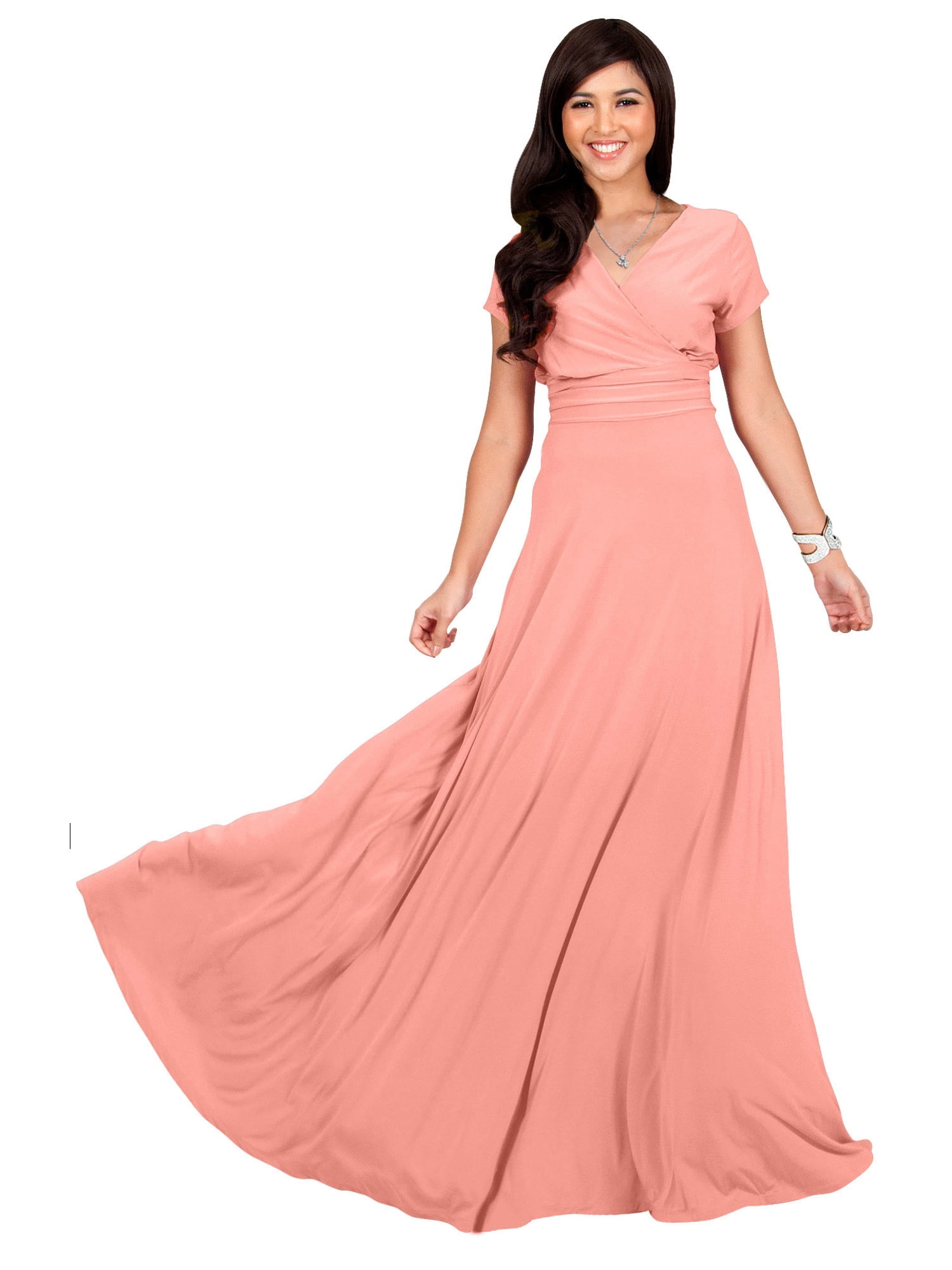 KOH KOH Long V Neck Flowy Cap Short Sleeve V Neck Bridesmaid Wedding Guest Party Formal Summer Sundress Tall Gown Maxi Dress Dresses For Women Light Pink Peach XXX Large US 22 24 NT074 Walmart