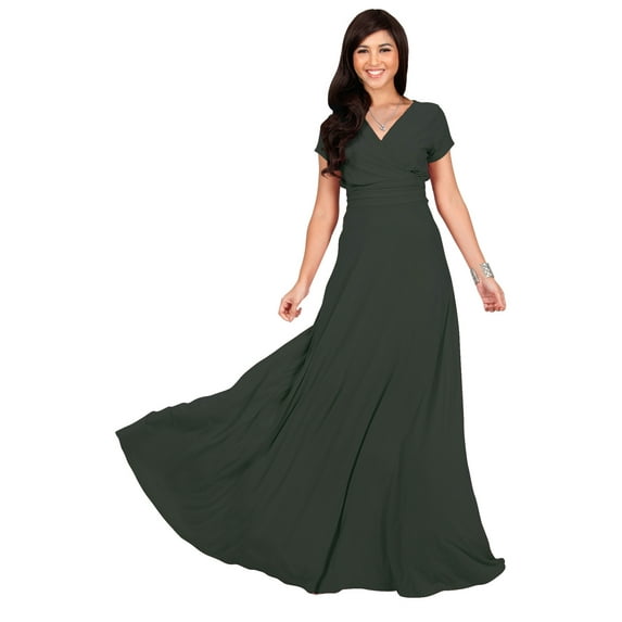 KOH KOH Long V-Neck Flowy Cap Short Sleeve V-Neck Bridesmaid Wedding Guest Party Formal Summer Sundress Tall Gown Maxi Dress Dresses For Women Olive Green Small US 4-6 NT074