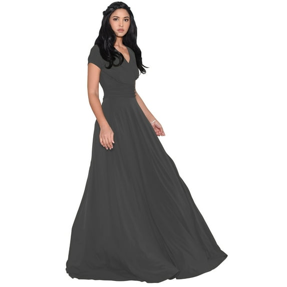 KOH KOH Long V-Neck Flowy Cap Short Sleeve V-Neck Bridesmaid Wedding Guest Party Formal Summer Sundress Tall Gown Maxi Dress Dresses For Women Pewter Gray Grey XXXX-Large US 26-28 NT074