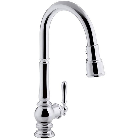 KOHLER K-99259-CP Artifacts Single-Hole Kitchen Sink Faucet with 17-5/8-Inch Pull-Down Spout, 3-Function Sprayhead, and Turned Lever Handle, Polished Chrome