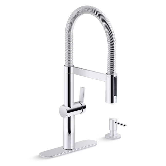 KOHLER Koi Pre-Rinse Spring Polished Chrome Single Handle Deck-Mount Pull-Down Kitchen Faucet with Sprayer (Deck Plate Included) (Soap Dispenser Included)
