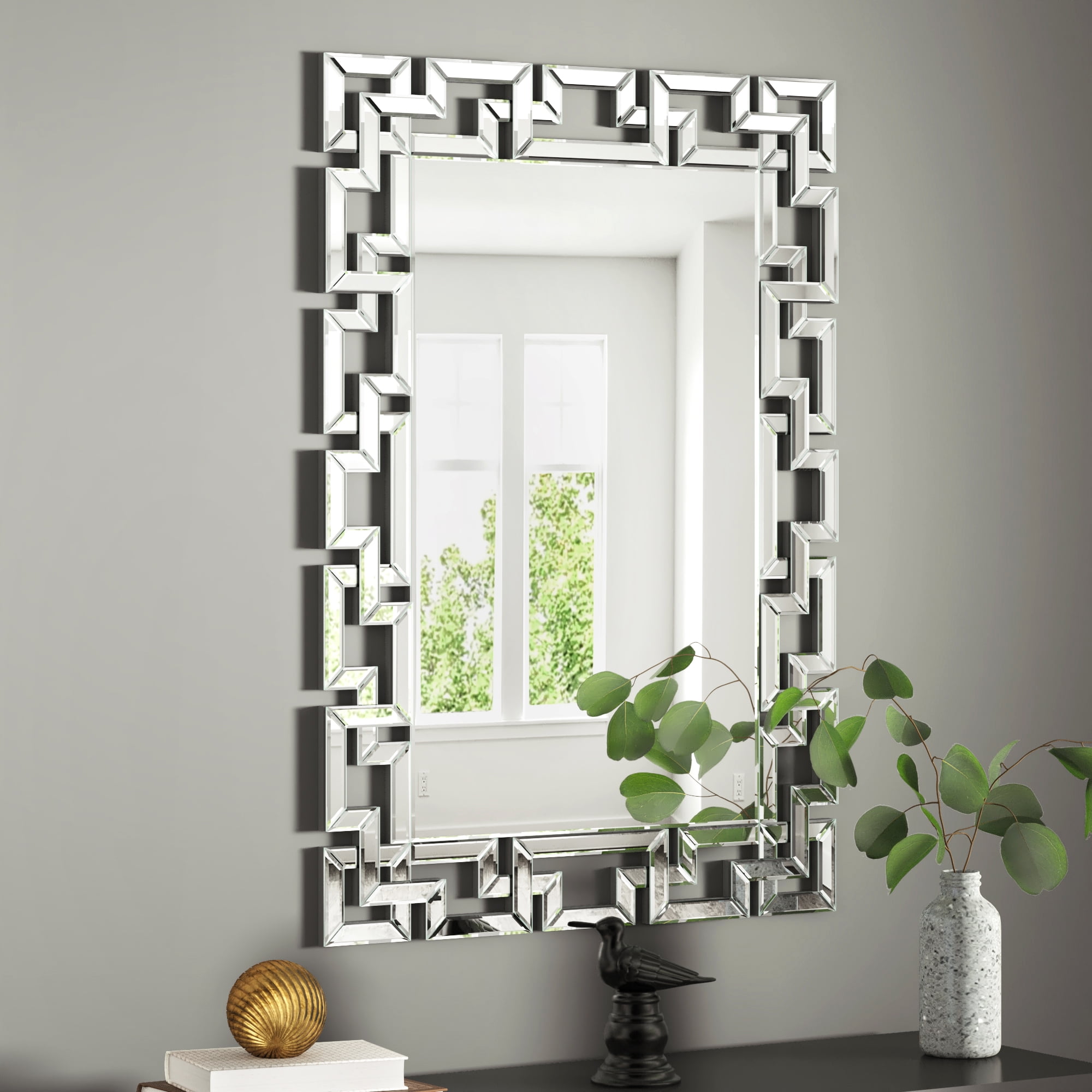 Venetian Silver Rectangular Beveled Wall Mirror with Carved Frame