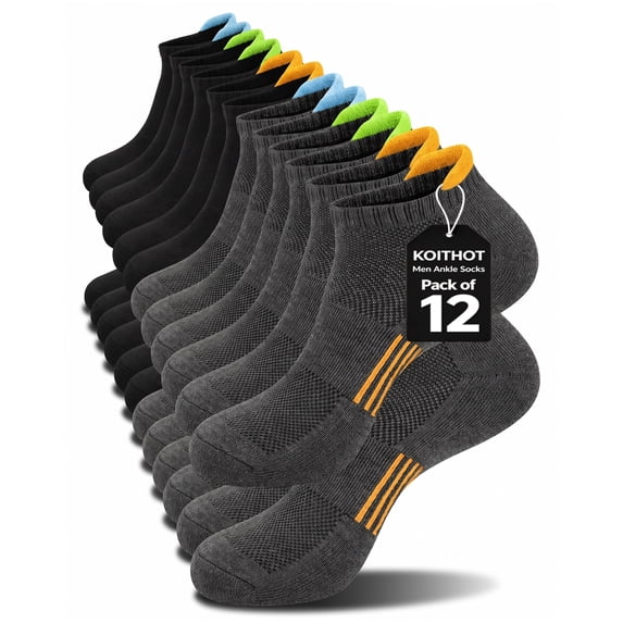 KOITHOT 12 Pairs Men Ankle Socks for Mens Cushioned Socks Athletic Running Size 10-13