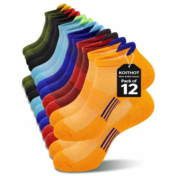 KOITHOT 12 Pairs Men Ankle Socks for Mens Cushioned Socks Athletic Running Size 10-13