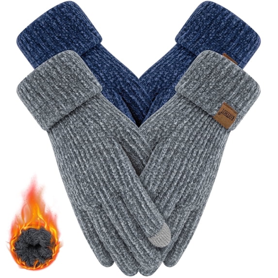 KOITHOT 2 Pairs Winter Gloves for Women Chenille, Winter Warm Thick Lined Touchscreen Fingers Cold Weather Gloves