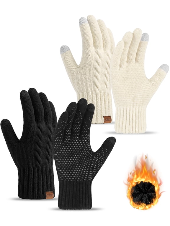 2 Pairs Winter Gloves for Women Thick Lined Touch Screen Knit Warm Gloves for Cold Weather